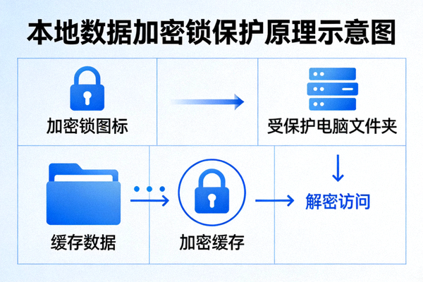 本地数据加密锁图标保护电脑文件夹示意图，展示本地缓存加密原理