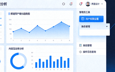 频道数据分析界面与管理员工具栏截图，展示增长图表与权限设置