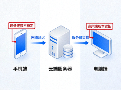 示意图：手机与电脑之间消息同步路径，高亮可能阻塞的节点