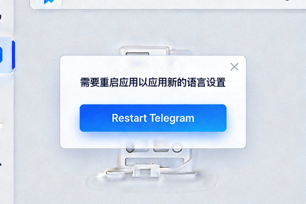 Telegram Desktop 弹出提示框截图，提示需要重启应用以应用新的语言设置，并高亮显示 Restart Telegram 按钮