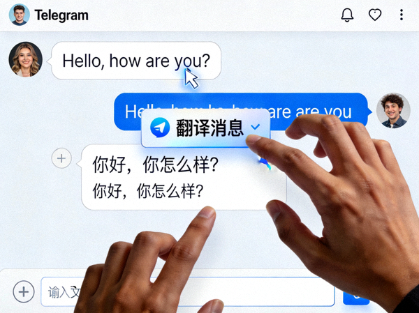 Telegram Desktop 聊天界面截图：展示一条英文消息被右键点击，菜单中高亮显示‘翻译消息’选项，下方已显示中文译文