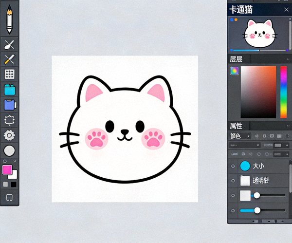 Telegram Desktop 全新贴纸编辑器界面全貌：左侧为工具栏，中间为画布显示一个卡通猫图层，右侧为图层和属性面板