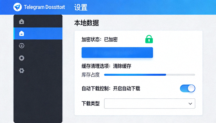 Telegram Desktop 设置界面截图，展示新的‘本地数据’管理面板，包含加密状态、缓存清理选项和自动下载控制
