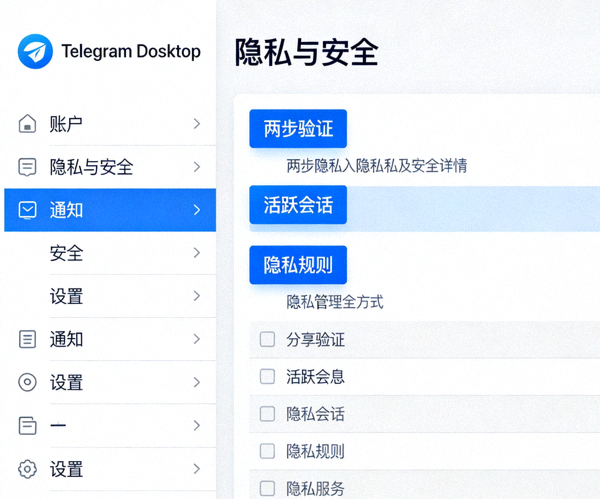 Telegram Desktop 隐私与安全设置界面截图，高亮显示两步验证、活跃会话、隐私规则等选项