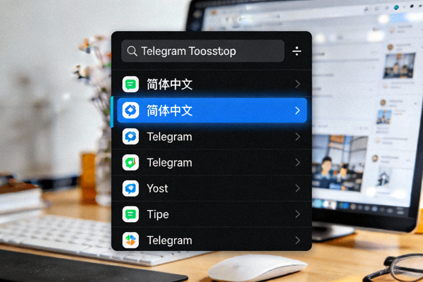 Telegram Desktop 语言选择界面截图，展示搜索框和列表中高亮显示的简体中文选项