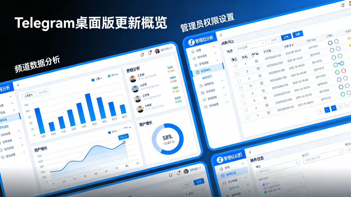 Telegram 桌面版更新概览图：左侧显示频道数据分析仪表板，右侧显示扩展的管理员权限设置面板