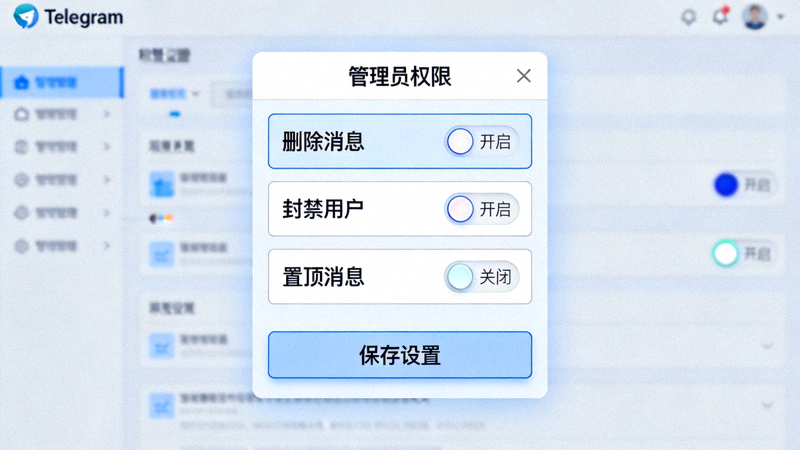 Telegram 桌面版管理员权限设置详细截图，展示如‘删除消息’、‘封禁用户’、‘置顶消息’等可独立开关的权限选项